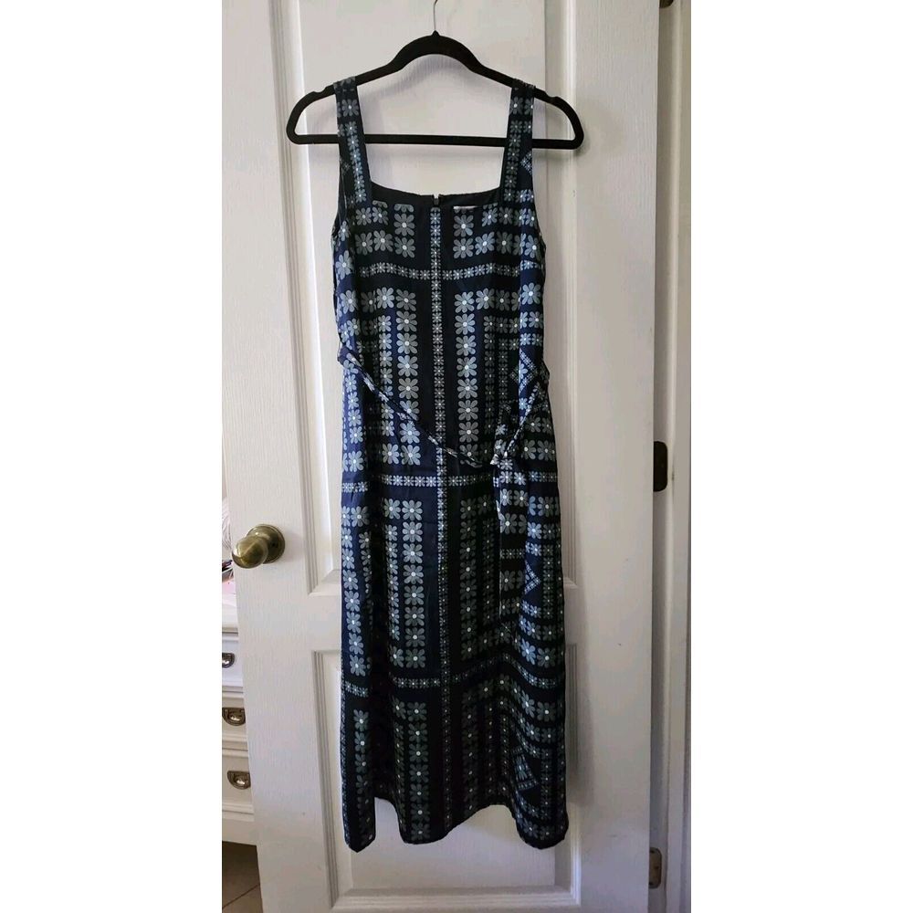 LOFT Navy Blue & Sage Floral Sleeveless Belted Midi Dress Square Neck Size 4